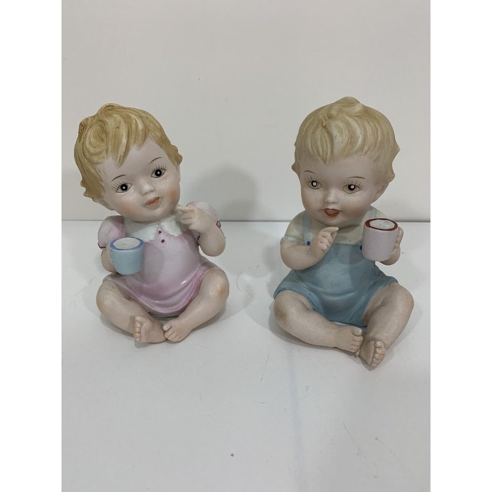 Vintage Pair Of Bisque Porcelain Piano Babies Figurines C-1267 Boy & Girl